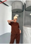Osy Modal Yumuşak Dokulu Kumaş Kısa Kollu Bluz Rahat Pantalon ikili Takım- Kahverengi -
