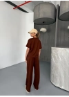 Osy Modal Yumuşak Dokulu Kumaş Kısa Kollu Bluz Rahat Pantalon ikili Takım- Kahverengi -