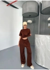 Osy Modal Yumuşak Dokulu Kumaş Kısa Kollu Bluz Rahat Pantalon ikili Takım- Kahverengi -
