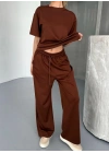 Osy Modal Yumuşak Dokulu Kumaş Kısa Kollu Bluz Rahat Pantalon ikili Takım- Kahverengi -