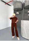 Osy Modal Yumuşak Dokulu Kumaş Kısa Kollu Bluz Rahat Pantalon ikili Takım- Kahverengi -