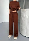 Osy Modal Yumuşak Dokulu Kumaş Kısa Kollu Bluz Rahat Pantalon ikili Takım- Kahverengi -