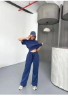 Osy Modal Yumuşak Dokulu Kumaş Kısa Kollu Bluz Rahat Pantalon ikili Takım- Lacivert -