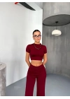 Osy Modal Yumuşak Dokulu Kumaş Kısa Kollu Crop Alt ispanyol Paça Pantalon ikili Takım - Bordo -
