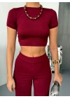 Osy Modal Yumuşak Dokulu Kumaş Kısa Kollu Crop Alt ispanyol Paça Pantalon ikili Takım - Bordo -