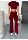 Osy Modal Yumuşak Dokulu Kumaş Kısa Kollu Crop Alt ispanyol Paça Pantalon ikili Takım - Bordo -