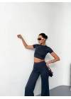 Osy Modal Yumuşak Dokulu Kumaş Kısa Kollu Crop Alt ispanyol Paça Pantalon ikili Takım - Füme -