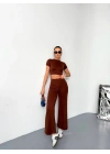 Osy Modal Yumuşak Dokulu Kumaş Kısa Kollu Crop Alt ispanyol Paça Pantalon ikili Takım - Kahverengi -