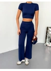 Osy Modal Yumuşak Dokulu Kumaş Kısa Kollu Crop Alt ispanyol Paça Pantalon ikili Takım - Lacivert -