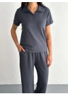 Osy Modal Yumuşak Dokulu Kumaş Kısa Kollu Yakalı T-shirt Pantalon ikili Takım- Antrasit -