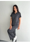 Osy Modal Yumuşak Dokulu Kumaş Kısa Kollu Yakalı T-shirt Pantalon ikili Takım- Antrasit -