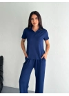 Osy Modal Yumuşak Dokulu Kumaş Kısa Kollu Yakalı T-shirt Pantalon ikili Takım- Lacivert -