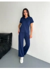 Osy Modal Yumuşak Dokulu Kumaş Kısa Kollu Yakalı T-shirt Pantalon ikili Takım- Lacivert -