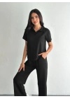 Osy Modal Yumuşak Dokulu Kumaş Kısa Kollu Yakalı T-shirt Pantalon ikili Takım- Siyah -