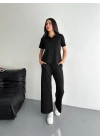 Osy Modal Yumuşak Dokulu Kumaş Kısa Kollu Yakalı T-shirt Pantalon ikili Takım- Siyah -