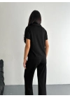 Osy Modal Yumuşak Dokulu Kumaş Kısa Kollu Yakalı T-shirt Pantalon ikili Takım- Siyah -