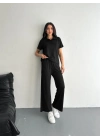 Osy Modal Yumuşak Dokulu Kumaş Kısa Kollu Yakalı T-shirt Pantalon ikili Takım- Siyah -
