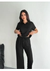Osy Modal Yumuşak Dokulu Kumaş Kısa Kollu Yakalı T-shirt Pantalon ikili Takım- Siyah -
