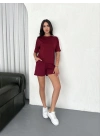 Osy Modal yumuşak dokulu Kumaş   Parçalı Bisiklet Yaka T-shirt Kısa Şort İkili Takım - Bordo -