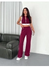 Osy Modal Yumuşak Dokulu Kumaş Tam Fermuarlı Crop Pantalon İkili Takım - Bordo -