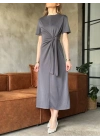 Osy Modal Yumuşak Dokulu Kumaş Yandan Bağlamalı Elbise - Gri -