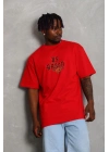 Oversize Baskılı Bisiklet Yaka T-Shirt - Kırmızı -