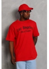 Oversize Baskılı Bisiklet Yaka T-Shirt - Kırmızı -