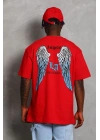 Oversize Baskılı Bisiklet Yaka T-Shirt - Kırmızı -
