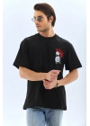 Oversize Baskılı Bisiklet Yaka T-Shirt - Siyah -
