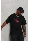 Oversize Baskılı Bisiklet Yaka T-Shirt - Siyah -