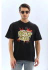 Oversize Baskılı Bisiklet Yaka T-Shirt - Siyah -