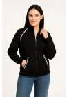 Oversize Dik Yaka Fermuarlı Sweatshirt - Zincir Nakışli Kanguru Cepli, - Siyah -