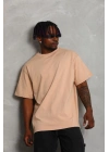 Oversize Düz Bisiklet Yaka T-Shirt - Bej -