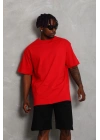 Oversize Düz Bisiklet Yaka T-Shirt - Kırmızı -