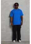Oversize Düz Bisiklet Yaka T-Shirt - Mavi -