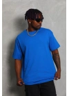 Oversize Düz Bisiklet Yaka T-Shirt - Mavi -