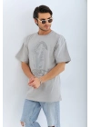 Oversize Taşlı Bisiklet Yaka T-Shirt - Gri -