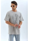 Oversize Taşlı Bisiklet Yaka T-Shirt - Gri -