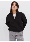 Oversize Yarım Farmuarlı Yakalı Basic SweatShirt - Siyah -
