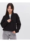 Oversize Yarım Farmuarlı Yakalı Basic SweatShirt - Siyah -