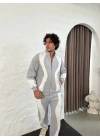Premium Parçalı Eşofman Takım - Dik Yaka Fermuarlı Sweatshirt, - Gri -