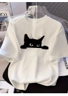 Şık Siyah Kedi Grafik Tişört - Mükemmel Yaz Modası - Beyaz -