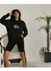 Sırt Baskılı Kapüşonlu Üç İplik Oversize Sweatshirt - Siyah -