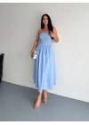 Straplez Pileli Elbise - Açık Mavi -