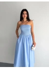 Straplez Pileli Elbise - Açık Mavi -