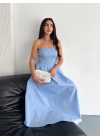Straplez Pileli Elbise - Açık Mavi -