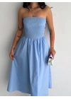 Straplez Pileli Elbise - Açık Mavi -
