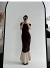 Striptiz Omuzlu Uzun Elbise- Kahve -