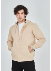 Tam Fermuarlı Kapşonlu  SweatShirt - Bej -