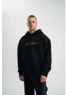Üç İplik Kapşonlu Nakışlı SweatShirt - Siyah -